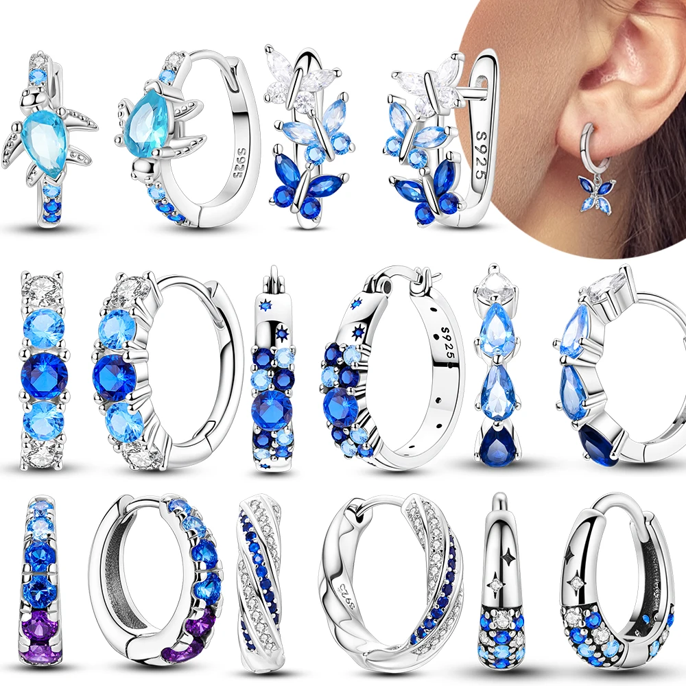 al 925 Sterling Silver Blue Zirconium Butterfly Earrings Colored Hoop Earrings Women Female Party Fine Earring Jewelry al 925 Sterling Silver Blue Zirconium Butterfly Earrings Colored Hoop Earrings Women Female Party Fine Earring Jewelry