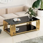 Stainless Steel Rectangle Glass Coffee Table for Living Room 51.18" Modern Center Table with Black Tempered Glass 8mm Gold Leg 2