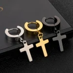 1Pair Punk Stainless Steel Cross Pendant Hoop Earrings For Men Women Not Fade Ear Rings Hip Hop Male Jewelry 6