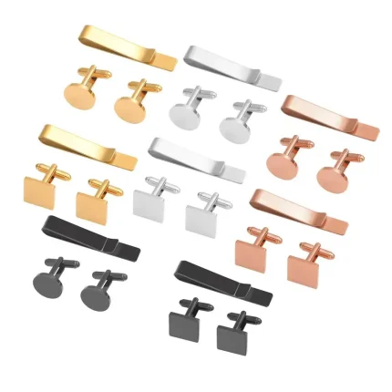 Men Cufflinks Tie Clip Set Stainless Steel 15mm Round and Square Blank Cufflinks With Tie Clip Set Men's Gift for Husband