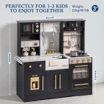 Robotime Robud Play Kitchen Wooden with Wash basin Cookware Accessories Microwave Toy Kitchen Gift for Boys Girls 3+ Black White 2