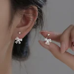 Real 925 Sterling Silver Lace Heart Hollow Bow Screw Buckle Puncture Stud Earrings for Women Fine Jewelry Minimalist Accessories