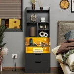 Charging Nightstand Set of 2 with LED Lights,Tall Night Stand with Bookshelf,Bedside Table with Drawers 5
