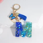 26 English Alphabet Letter Tassels Keychain Crystal Acrylic Butterfly Pendent Key Chain Women Gift Fashion Jewelry Accessories 4