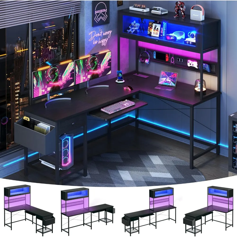 L Shaped Gaming Desk with Power Outlets & LED Lights, 49'' Reversible Computer Desk with Hutch & Pegboard & Display Cabinet L Shaped Gaming Desk with Power Outlets & LED Lights, 49'' Reversible Computer Desk with Hutch & Pegboard & Display Cabinet