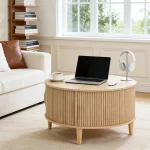 JHK 31IN Round Coffee Table with Flip-Top Storage Fluted Center Table 2-Tier Wood Desktop with Sliding Cabinet Door Living Room