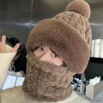 Women Winter Beanie Hats One-Piece Fleece Lined Knit Balaclavas Mask Set Skull Neck Circle Scarf Ski Snow Hat Cap with Pompom 6