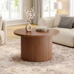 31.5" Round Coffee Table,Tambour Design Coffee Tables,Mid Century Modern Wood Coffee Table,Drum Accent Small Center Table,Walnut 5