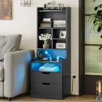 Charging Nightstand Set of 2 with LED Lights,Tall Night Stand with Bookshelf,Bedside Table with Drawers 6