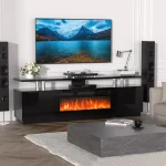 70in Fireplace TV Stand with 36in Electric Heater LED Lights 2 Storage Cabinets Living Room Bedroom, Customized 5