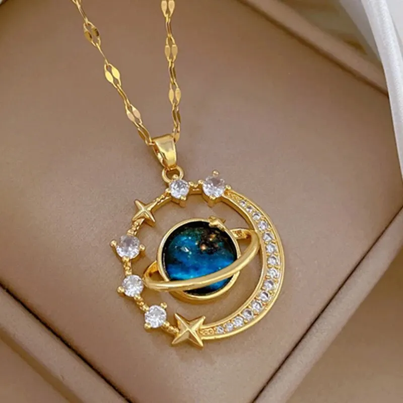 Light Luxury Titanium Steel Star Series Necklace for Women Gold Color Planet Moon Astronaut Pendant Necklaces Jewelry Gifts Light Luxury Titanium Steel Star Series Necklace for Women Gold Color Planet Moon Astronaut Pendant Necklaces Jewelry Gifts