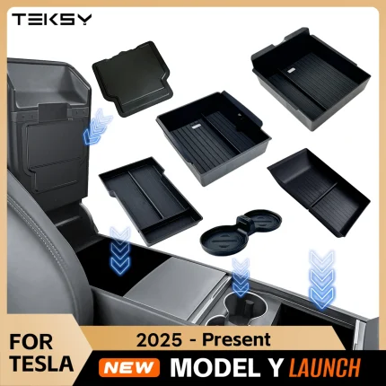 1/2/3/4/6/7/8pcs For Tesla New Model Y 2025 Launch Juniper ABS with Silicone Non-slip Mat Console & Armrest Storage Box Watercup