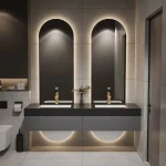 Designer Customized High-end Villa Light Luxury Rock Slab Integrated Basin Bathroom Cabinet Combination Double Mirror Wash 3