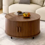 Round Coffee Table with Storage,31.5" Modern Coffee Table with 360° Curved Sliding Door,Fluted Wood Accent Coffee Tablee 5
