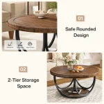 Tribesigns Round Coffee Table with 2 Tiers, 80 cm Wooden Circle Accent Cocktail Table with Storage Shelf and Metal Frame 5