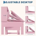 Adjustable Kids Desk and Chair Set-Wooden Study Table with Tilt Desktop,Hutch,Drawers,Cork Board & Padded Stool for Boys Girls 4