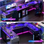 U Shaped Gaming Desk with Monitor Stand Storage Shelves, Corner Computer Desk with 2 Power Outlet Adjustable RGB Color LED Light 3