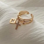 Nwe 18 K Gold Plated Sun Rings for Women Natural Stone Inlaid in Hollow Metal Texture Ring Trendy Jewelry 4