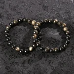 Natural Golden Obsidian Stone Beads Bracelet Men Women Golden Light Rainbow Obsidian Raw Stone Round Bead Natural Energy Jewelry 3