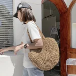 Summer Round Straw Women Vacation Woven Beach Shoulder Bag Large Capacity Hollow Out Simple Tote Bag 3