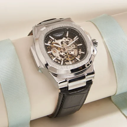 LONGLUX automatic mechanical watch outdoors simple luxury watches waterproof cheap wholesale skeleton leather mens watch gift