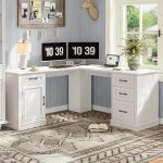L-Shaped Executive Desk with Drawers, Charging Station, Storage, Rustic Cream White Home Office Desk 6