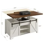 Farmhouse Lift-Top Coffee Table w/ Sliding Barn Door,Hidden Storage,Converts to Dining Table for Living Room&Office,White＆Brown 2
