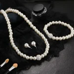 3 PCS Imitation Pearl Fireball Necklace Bracelet Earring Stud Jewelry Set Silver Color Crystal Stone Elegant Bridal Jewelry Gift 2