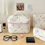 Cute Bow Toiletry Bag with Zipper Makeup Organizer Storage Bag Cotton Quilted Cosmetic Organizer Case for Women and Girls 5