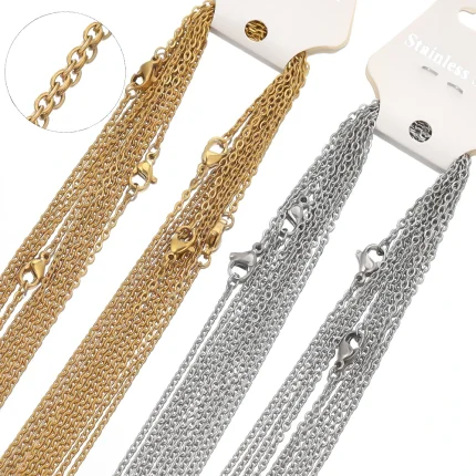10pcs 50cm 2mm Gold Color Stainless Steel Link Chains Necklaces Fashion Jewelry Cuban Chains Wholesale Chain DIY Crafts Supplies
