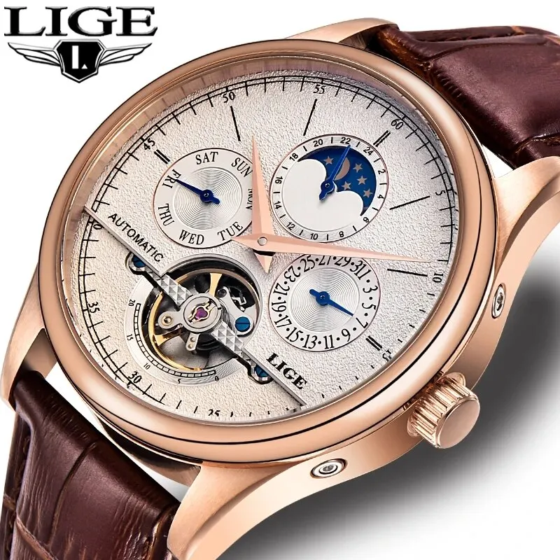 LIGE Men Watches Automatic Mechanical Watch Tourbillon Clock Genuine Leather Waterproof Watch Men Military Wristwatch Man LIGE Men Watches Automatic Mechanical Watch Tourbillon Clock Genuine Leather Waterproof Watch Men Military Wristwatch Man