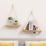 Wooden Wall Shelves Hemp Rope Swing Wall Floating Shelves Hanging Plant Flower Pot Tray for Home Room Garden Outdoor Decoration