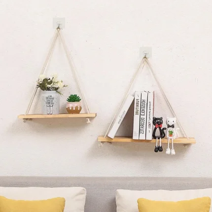 Wooden Wall Shelves Hemp Rope Swing Wall Floating Shelves Hanging Plant Flower Pot Tray for Home Room Garden Outdoor Decoration
