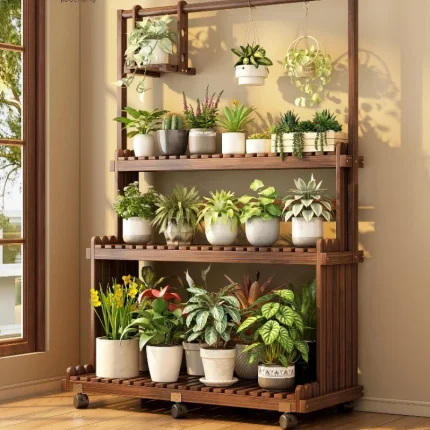 ‌Solid Wood Plant Stand - Mobile Flower Shelf for Balcony & Living Room, Large Pot Holder with Hanging Baskets