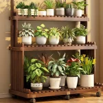 ‌Solid Wood Plant Stand - Mobile Flower Shelf for Balcony & Living Room, Large Pot Holder with Hanging Baskets 4