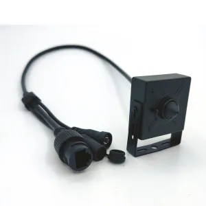 Mini PoE IP camera with attached cable, front view