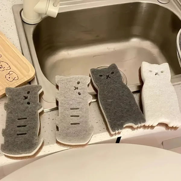 4-piece Cute Cat Kitchen Sponge Set - Thick and Durable Dishwashing and Cleaning Tools 5