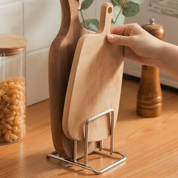 1pc Space-Saving Stainless Steel Pot Lid and Cutting Board Organizer Combo - Heavy-Duty Countertop Rack, kitchen organizer 4