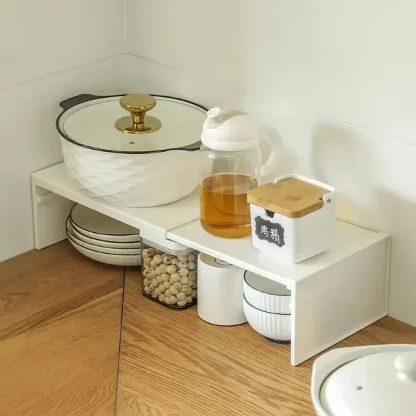 1/2pcs Kitchen Stretchable Cabinet Shelf Cupboard Separated Storage Rack Countertop Organizer Spice Organizer Shelf Save Space 3