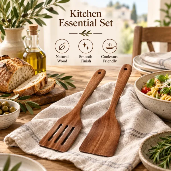 Wooden Cooking Spatula Set - Natural Wooden for Baking, Flipping, Stirring, Non-Scratch Nonstick Pan Safe, Kitchen Tool 1/2 PCS 5