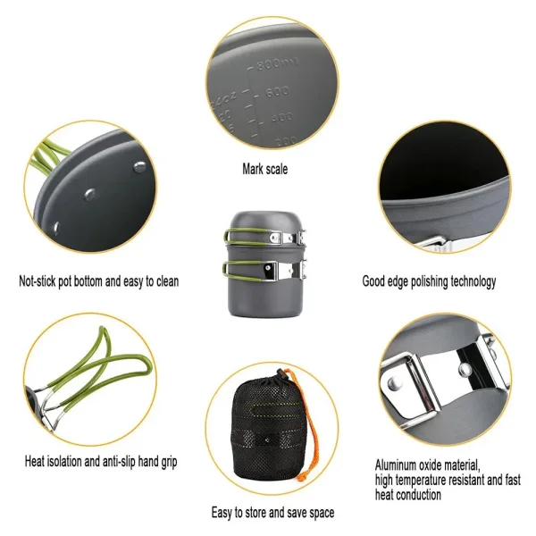 Camping Cookware Mess Kit Ultralight Camping Pot Set Outdoor Cooking Tableware for Hiking Trekking Picnic Fishing Mountaineering 3
