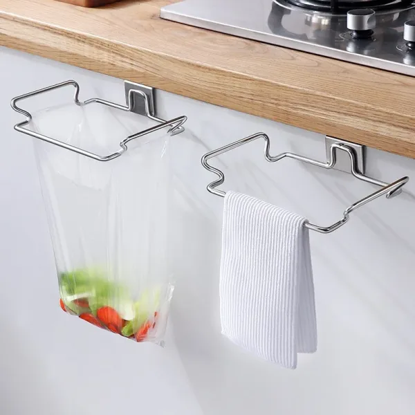 Kitchen Non Perforated Stainless Steel Garbage Rack With Hanging Bracket, Cabinet Door With Cloth And Garbage Bag Storage Rack 4