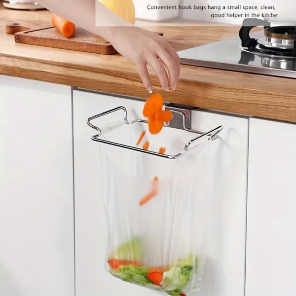 Kitchen Non Perforated Stainless Steel Garbage Rack With Hanging Bracket, Cabinet Door With Cloth And Garbage Bag Storage Rack 5